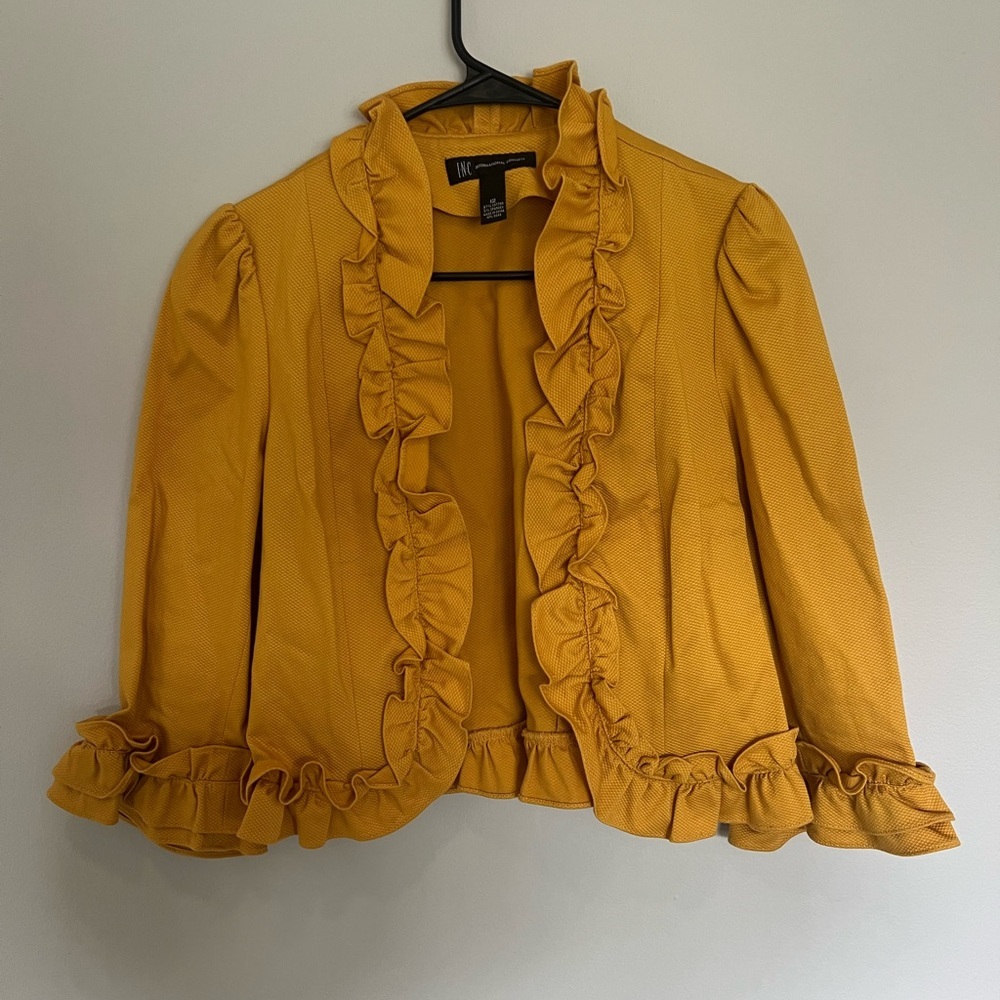 INC International Concepts Ruffle Jacket Mustard Yellow Cropped Blazer Size 12